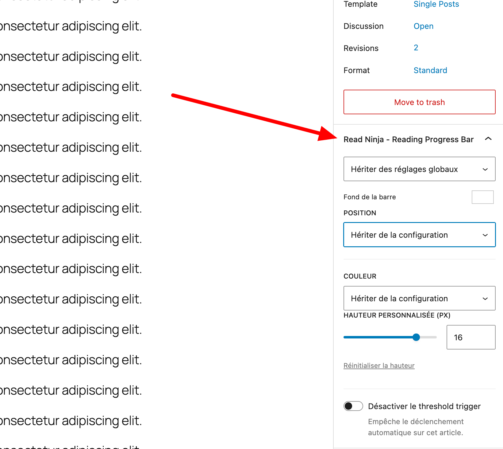 Panel de ajustes por artículo de ReadNinja en la barra lateral de Gutenberg