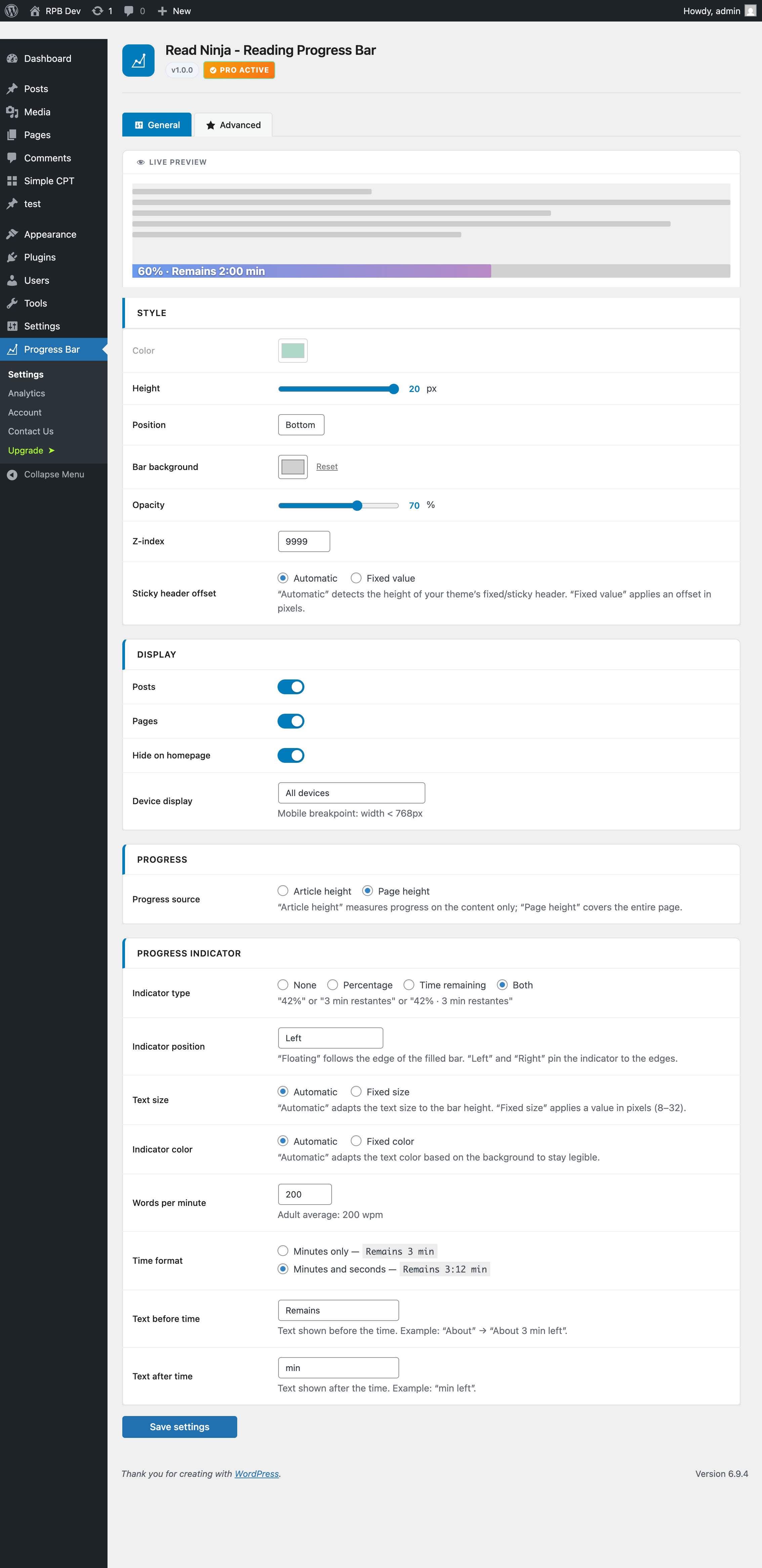 La pestaña Estilo de la página de ajustes Barra de progreso en el panel de WordPress